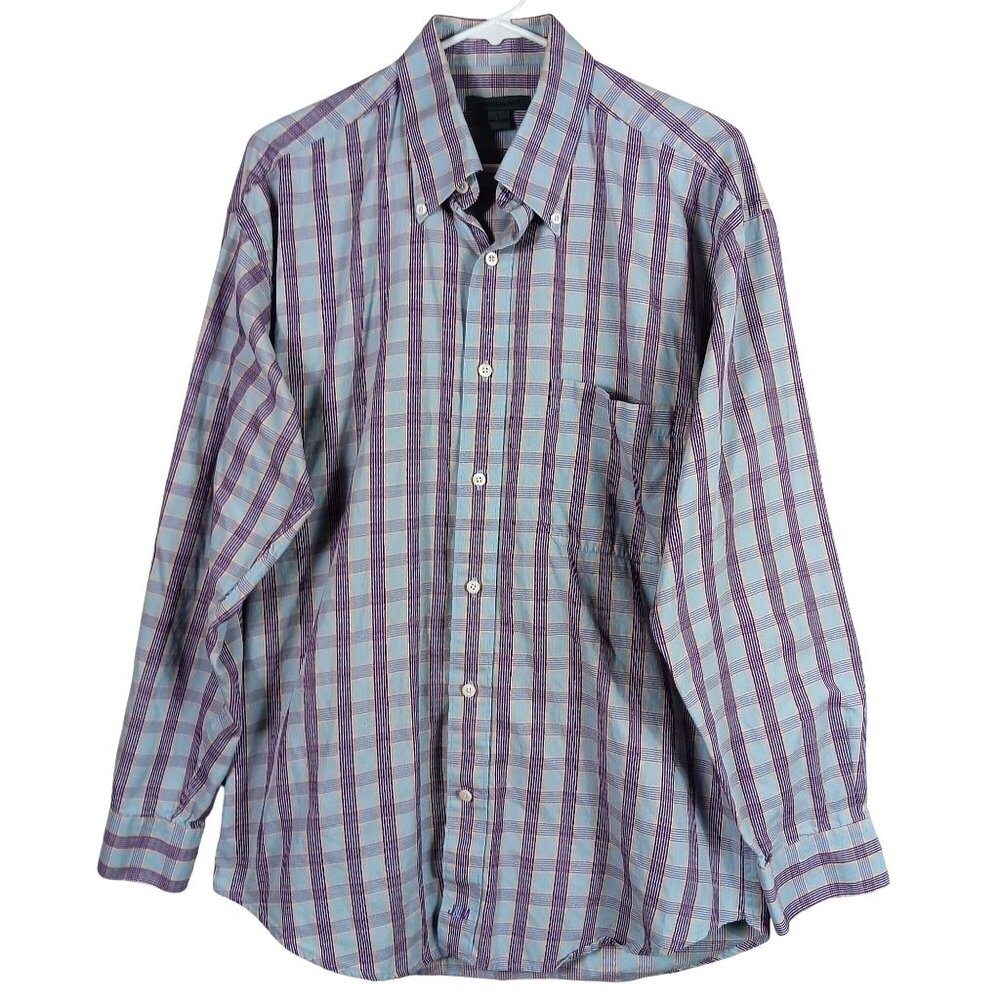 Johnston & Murphy Plaid Button Down Shirt Men's Large Blue Purple Classic Preppy